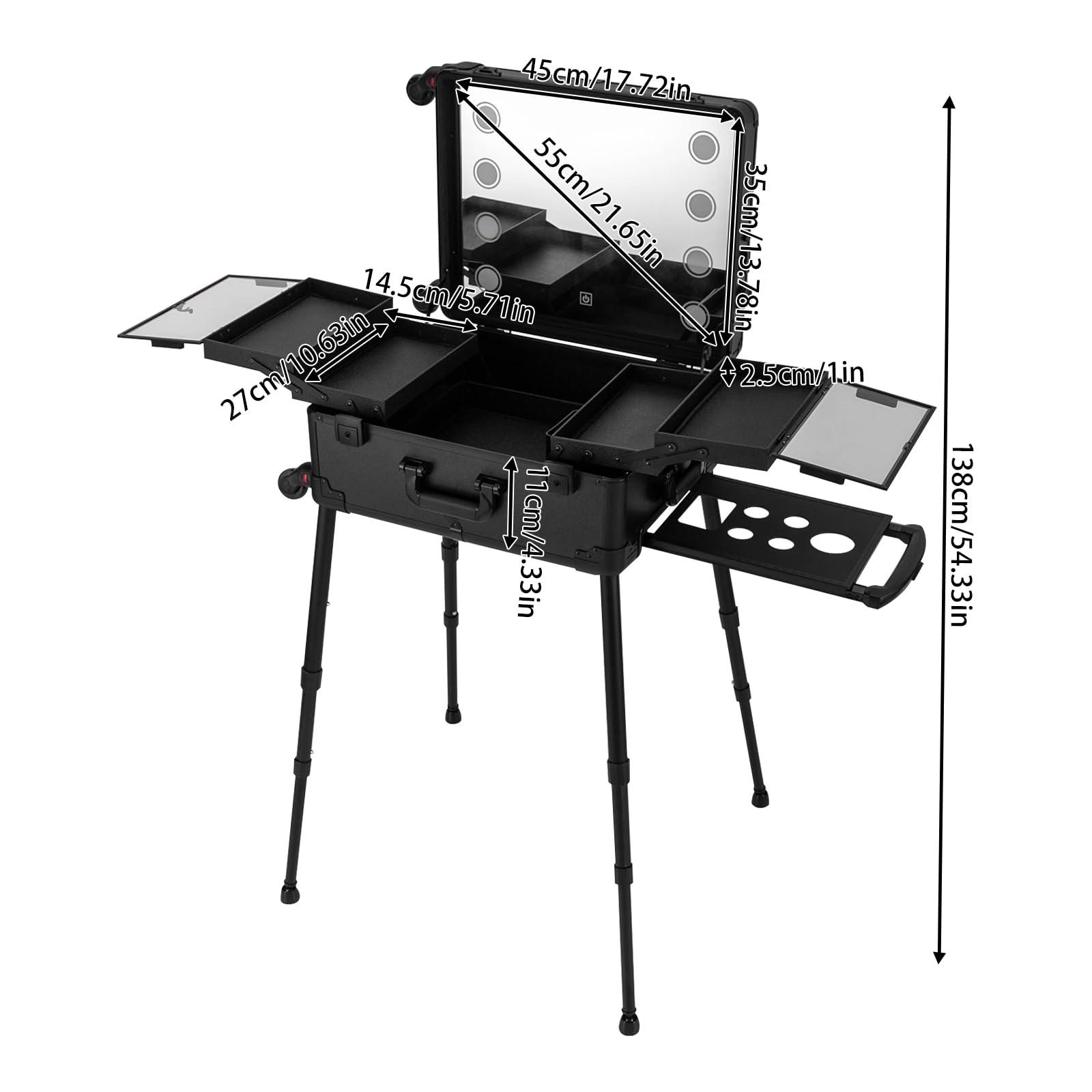 Blisiour Aluminum Trolley Makeup Train Case with 8 Led Light & Stands Rolling Cosmetic Organizer Studio with Mirror & Removable Universal Wheels & Main Case and 4 Compartments (Black)