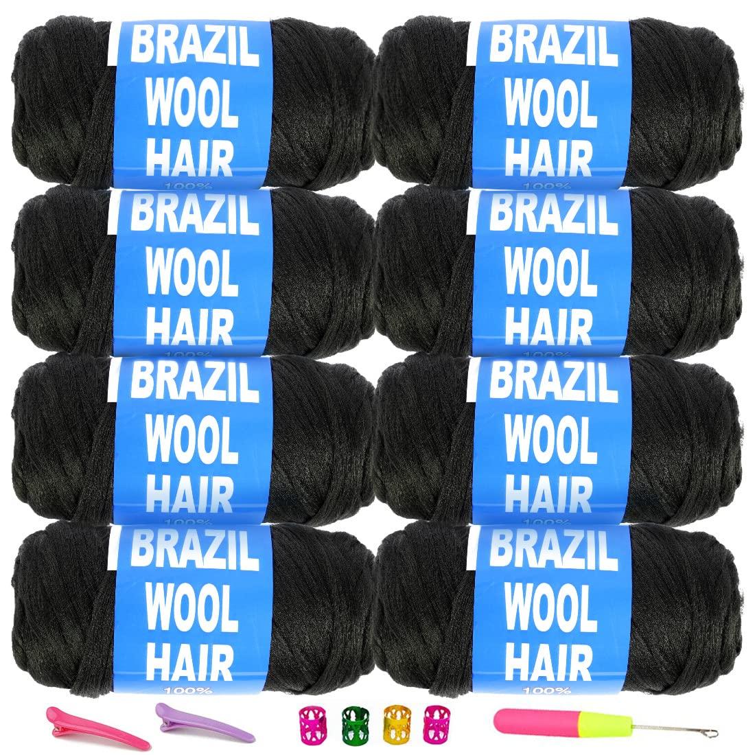 Youngther Brazilian Wool Hair Yarn for Braids 100% Brazilian Wool Hair Acrylic Yarn for African Braids/Spring Twist/Faux Locs/Wraps with Crochet Hook(8 Roll, Natural Black)