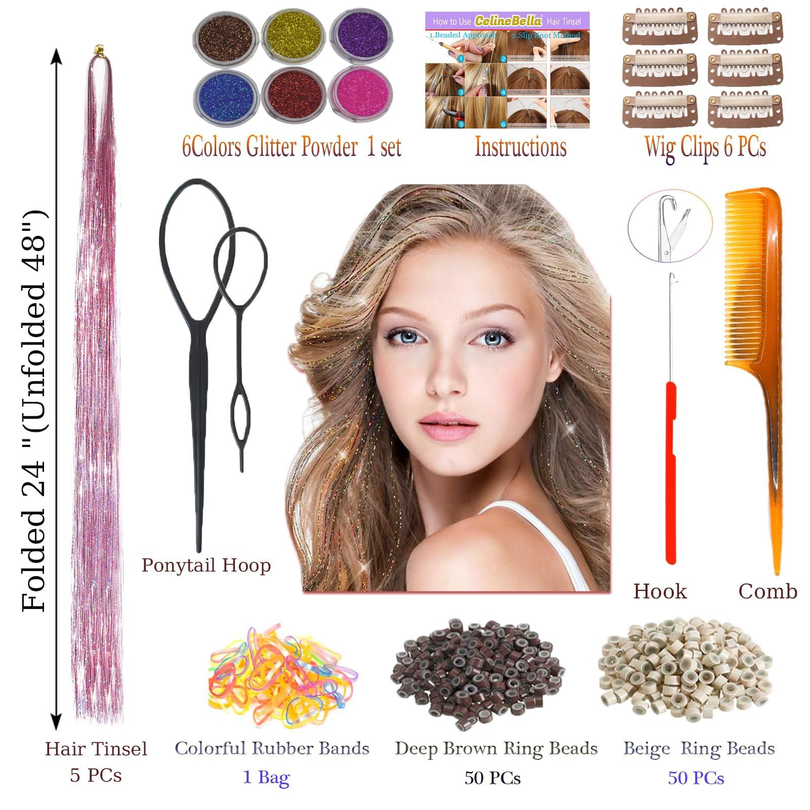 CelineBella CelineBella Pink Hair Tinsel Fairy Hair Extensions Kit Sparkling Shiny Highlights Glitter Light Pink Tinsel Hair Extensions for Women Girls Children