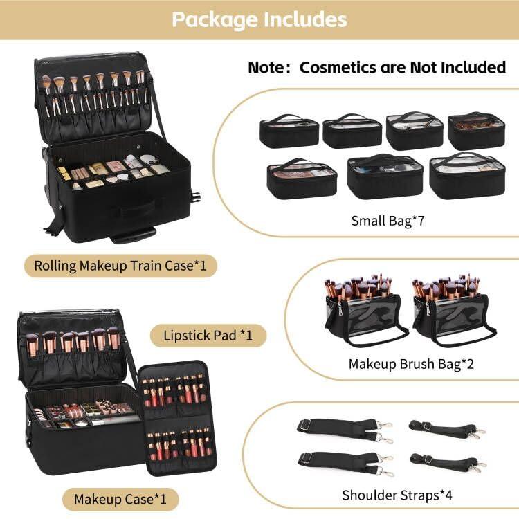 TANTO Rolling Makeup Train Case Professional Makeup Bag Makeup Artist Bag 4 in 1 Extra Large Makeup Bag with 7 Small Bag Makeup Case Trolley Cosmetic Case with Swivel Wheels and Adjustable Dividers