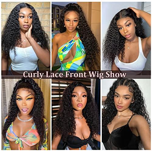 McyMoy McyMoy Deep Wave Lace Front Wigs Human Hair 16 Inch 13X4 HD Curly Wigs for Black Women Human Hair Glueless Lace Frontal Wig Pre Plucked 180% Density Natural Black