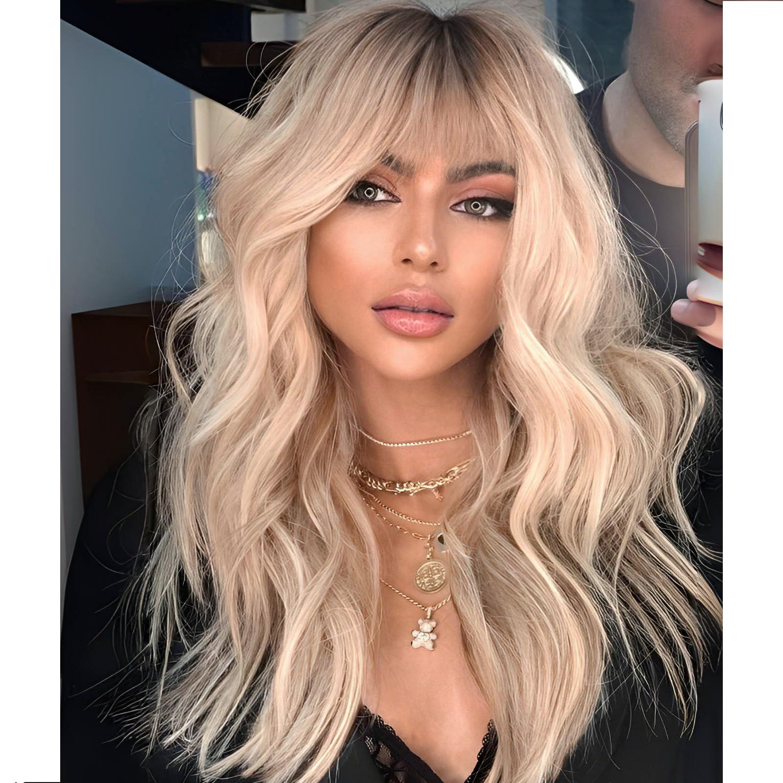 KOME KOME Blonde Wig with Bangs,Dirty Blonde Wavy Wigs for Women,Shoulder Length Curly Synthetic Hair Wig for Party Daily Use 18IN
