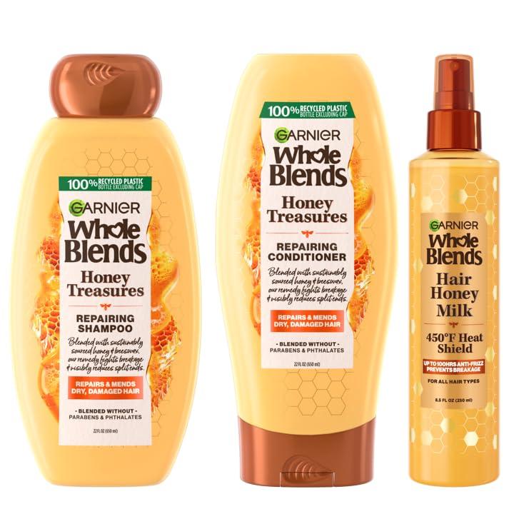 Garnier Garnier Whole Blends Honey Treasures Repairing Shampoo (22 Fl Oz), Conditioner (22 Fl Oz) + Hair Honey Milk 450F Heat Protectant Spray (2 Count) (8.5 Fl Oz) (4 Items), Bundle (Packaging May Vary)