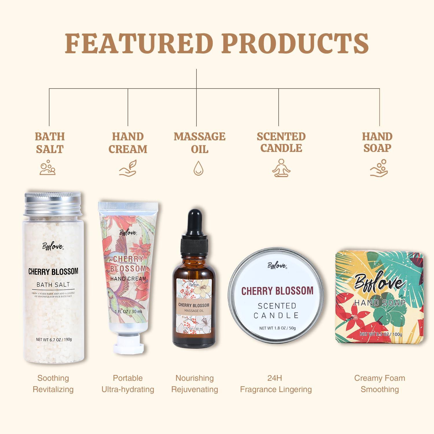 # BFFLOVE Gifts for Women BFFLOVE Gift Set for Women 5pcs Cherry Blossom Spa Set, Birthday Gifts for Women with Massage Oil, Scented Candle, Bath Salts, Hand Cream, Christmas gifts