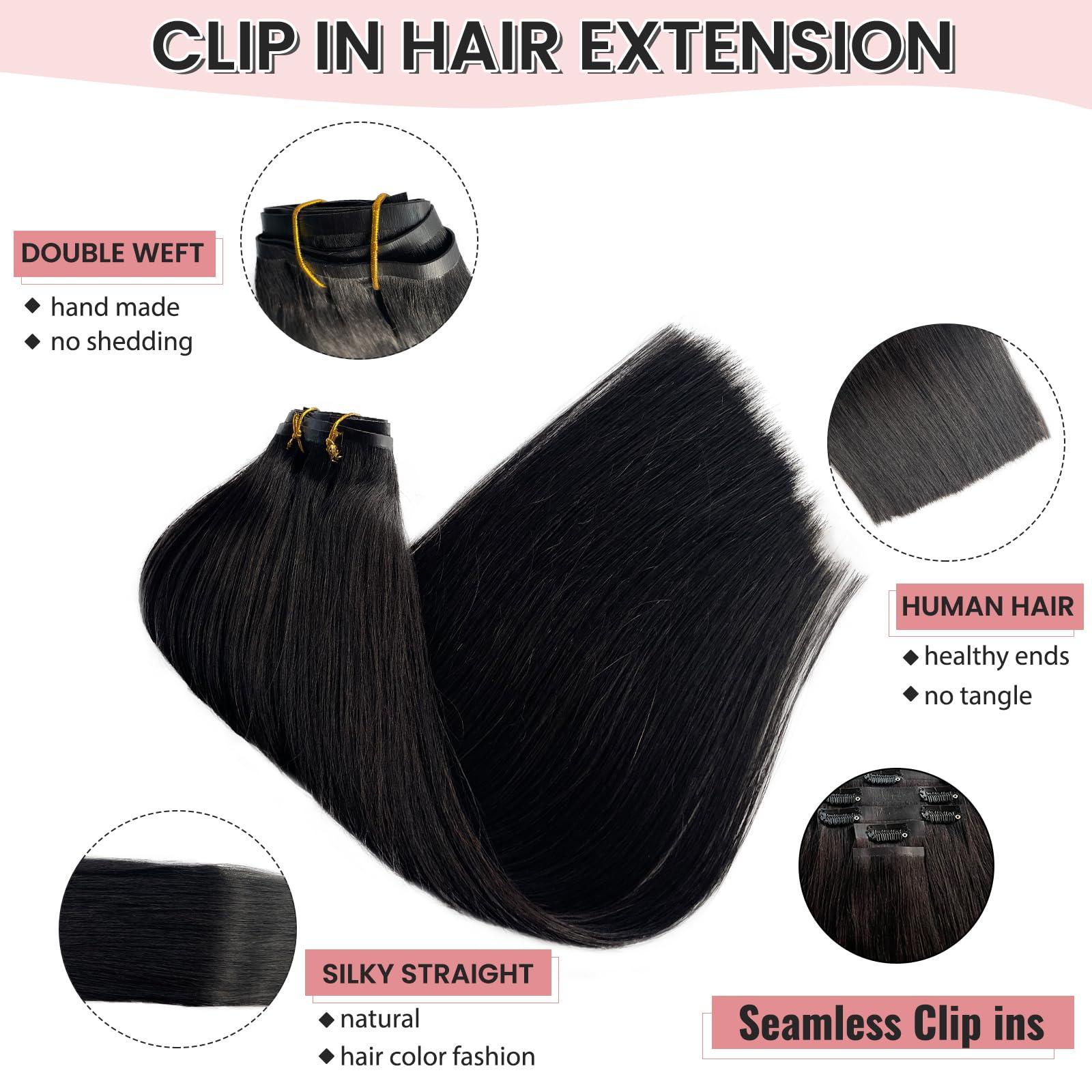 Valiilo Clip in Hair Extensions Black Hair Extensions Real Human Hair 7 Pieces Seamless Clip in Hair Extensions Thick Human Hair 100G Invisible PU Skin Weft Hair Extensions Clip ins 14 Inch