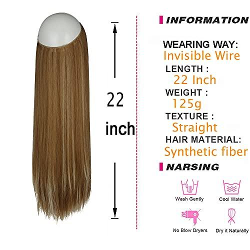 FUT_Forever Straight Hair Extensions Ginger Brown Mix Bleach Blonde Highlight 22 Inch 4.2 Oz Long Synthetic Hairpieces Invisible Wire Headband for Women Heat Resistant Fiber No Clip