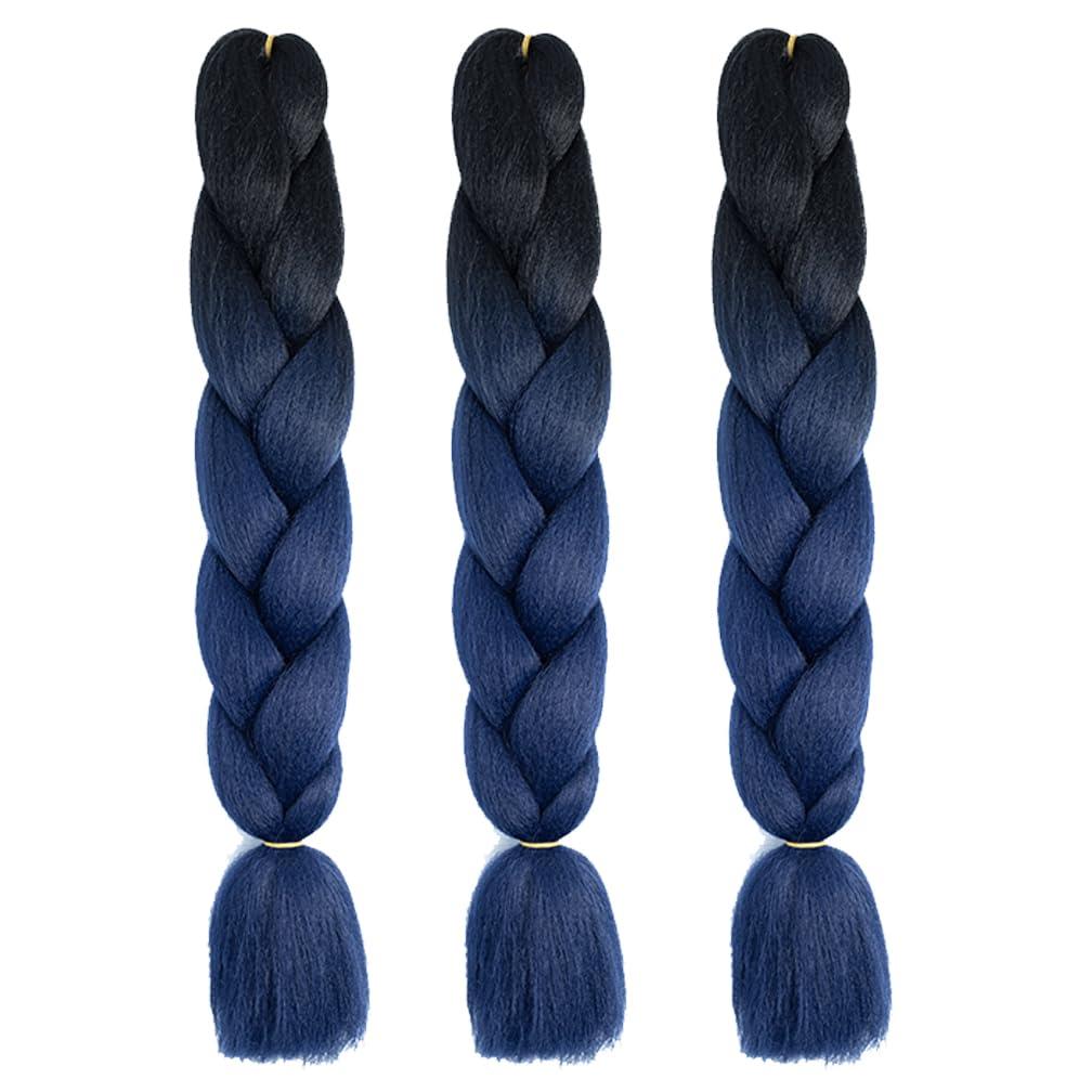 BALINGHAIR Braiding Hair Ombre Black to Dark Blue Braid Hair Extensions Hot Water Setting High Temperature Synthetic Fiber 24 Inches(B20-3Pack)