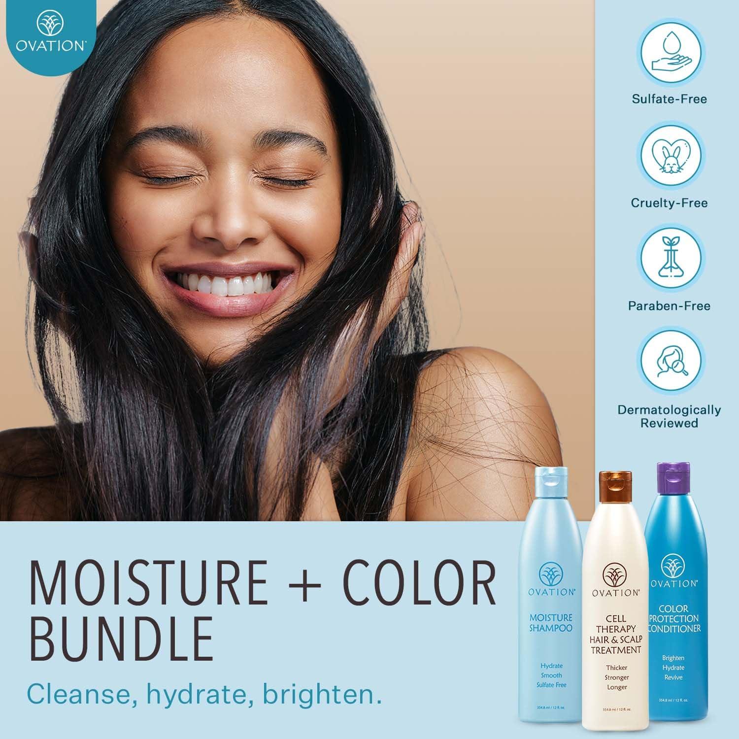 Ovation Hair Ovation Hair 3-Step Bundle for Dry, Color-Treated Hair - with Moisture Shampoo, Cell Therapy Hair Growth & Healthy Scalp Treatment, Color Conditioner - Brighten, Nourish, & Hydrate Dyed/Bleached Hair