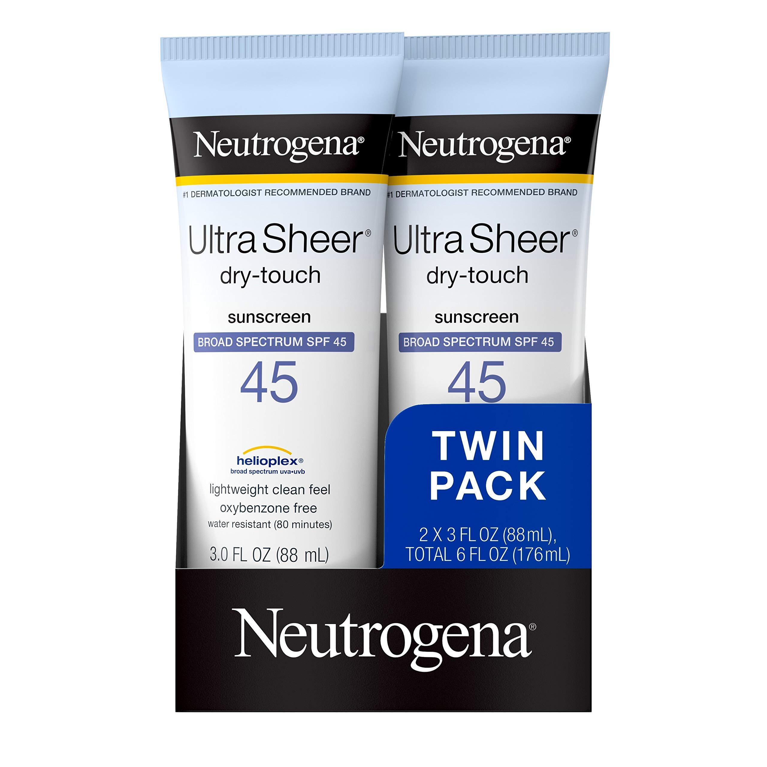 Neutrogena Neutrogena Ultra Sheer Dry-Touch Water Resistant and Non-Greasy Sunscreen Lotion with Broad Spectrum SPF 45, TSA-Compliant travel Size, 3 Fl Oz, Pack of 2, 6 Fl Oz