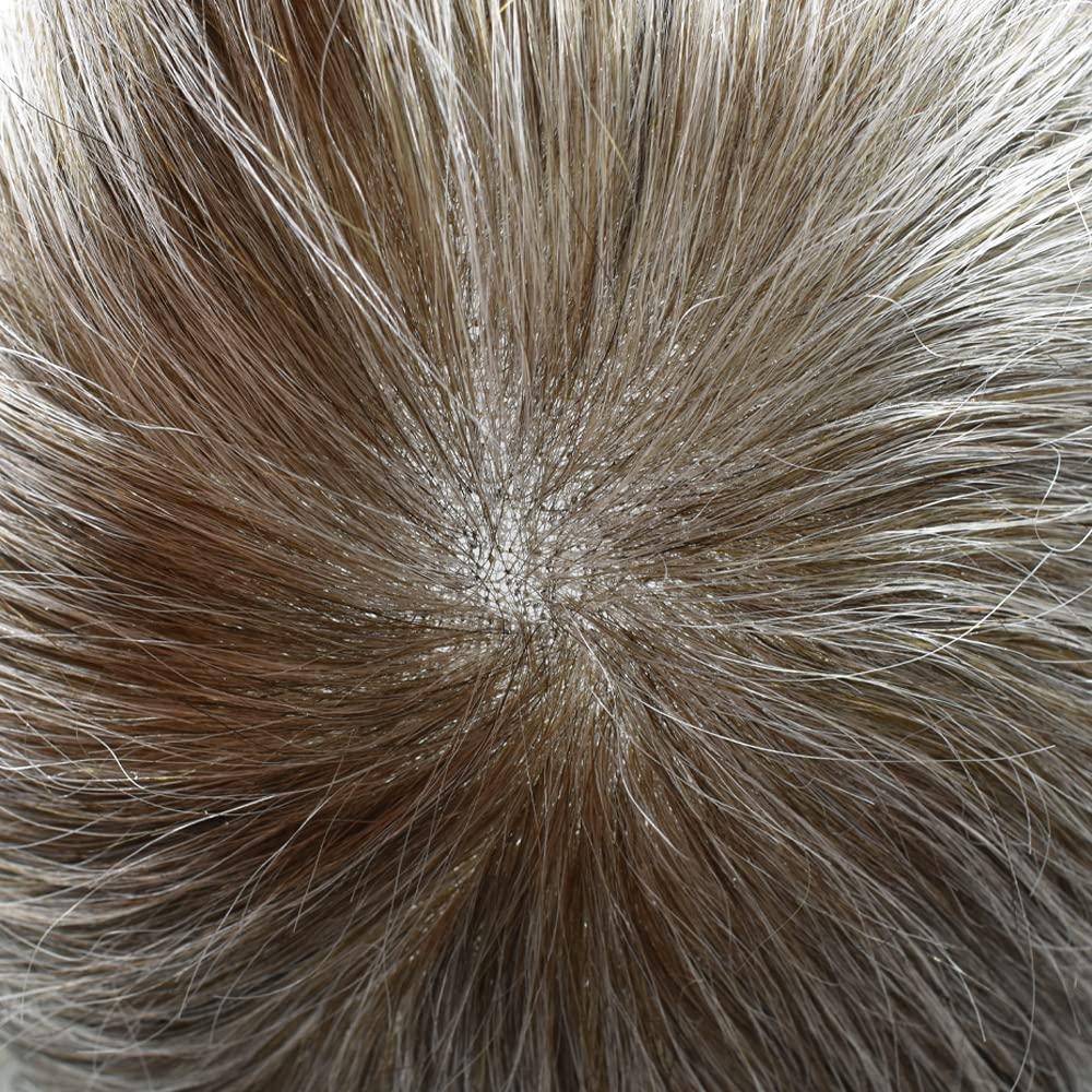 Fancyhair Mens Toupee Human Hair Replacement Systems Full French Lace Toupee For Men European Remy Human Hair Pieces All Swiss Lace Grey Brunette Blonde Wavy Mens Wig Unit 8\"x10\" #630 Light Brown with 30% Gray-100% density