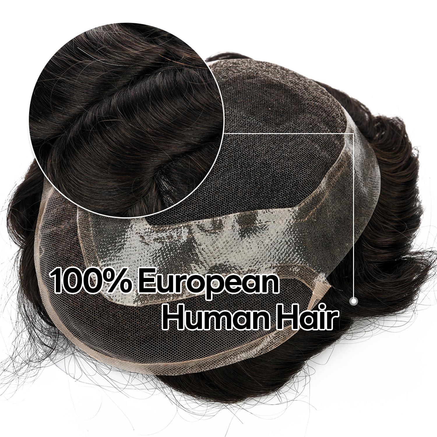 Blayzehair Toupee For Men Hair Replacement System Swiss lace Men Toupee European Human Hair HD Lace Hair System Poly Skin PU Around Men Hair Piece. (2# Darkest Brown, 6x8\"-100% Light Med-Light Density)