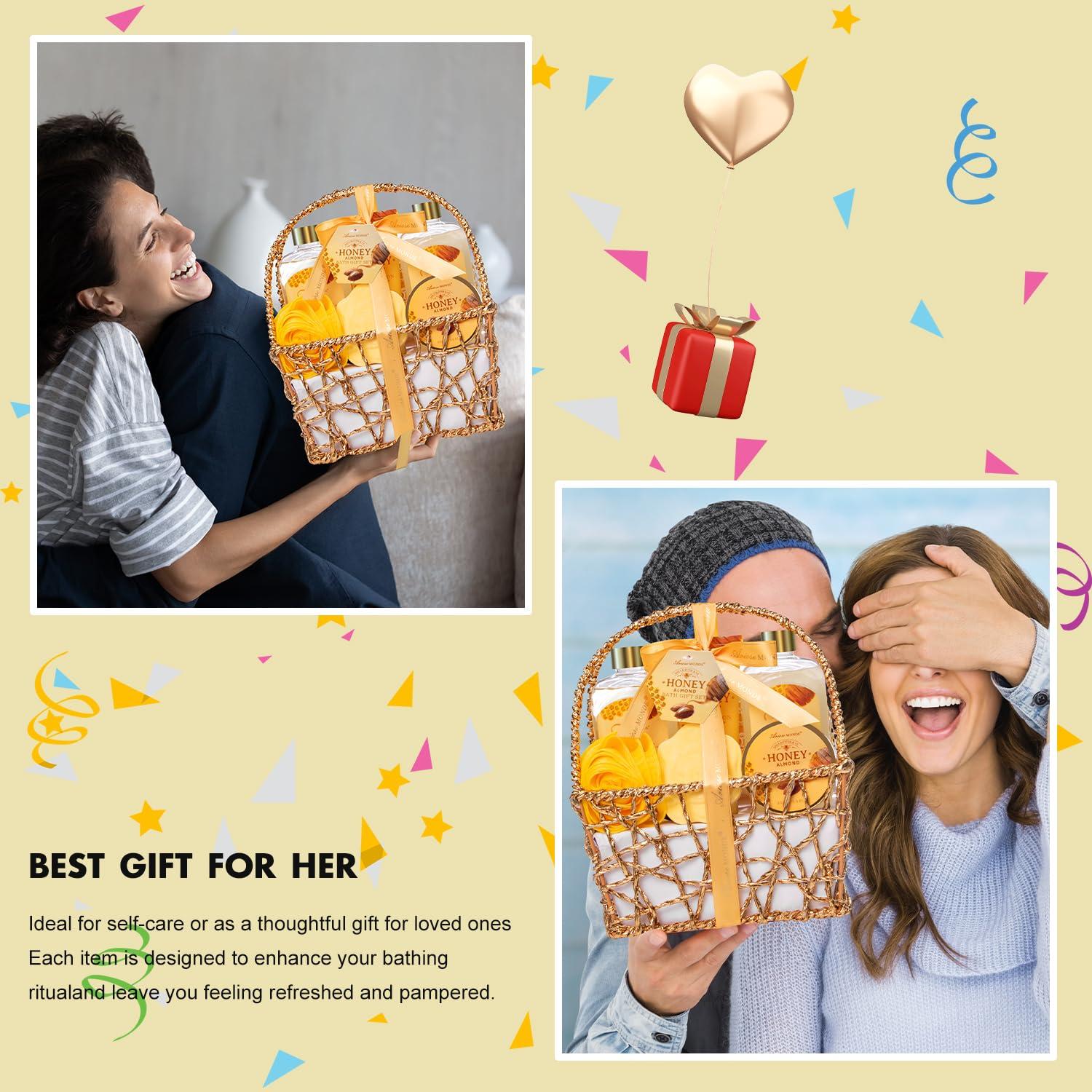 ArioseMonde Gift Baskets for Women, Spa Gifts for Women, 8pcs Honey Almond Bath Gift Set for Women, Relaxation Self Care Spa Kit W/Bath Bomb, Bubble Bath, Mom Birthday Gifts, Christmas Gifts Thank You Gifts