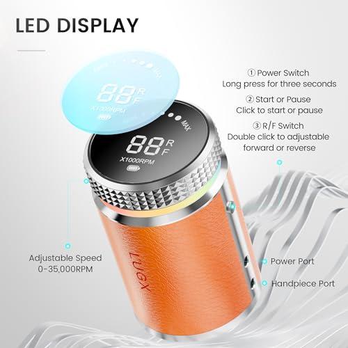 L\'UGX L\'UGX Professional Nail Drill, Waterproof 35000RPM Brushless Nail Drill Machine, Rechargeable Nail Efile for Acrylic Gel Nails, Low Noise and Low Vibration