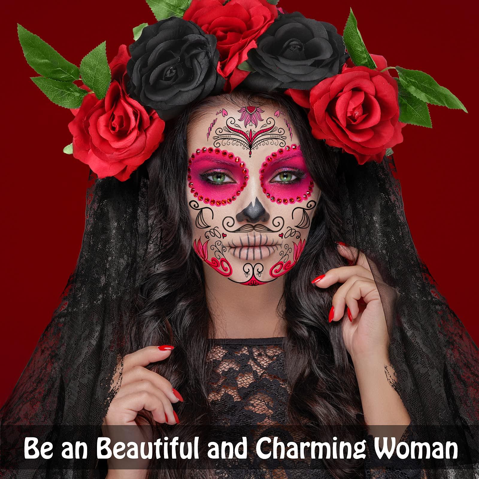 WILLBOND WILLBOND Day of the Dead Headband Halloween Crown Rose Floral Veil Headband Headpiece with 8 Pieces Halloween Temporary Face Tattoos Dead Sugar Skull Tattoos for Costume Party (Red Black,Vivid Style)