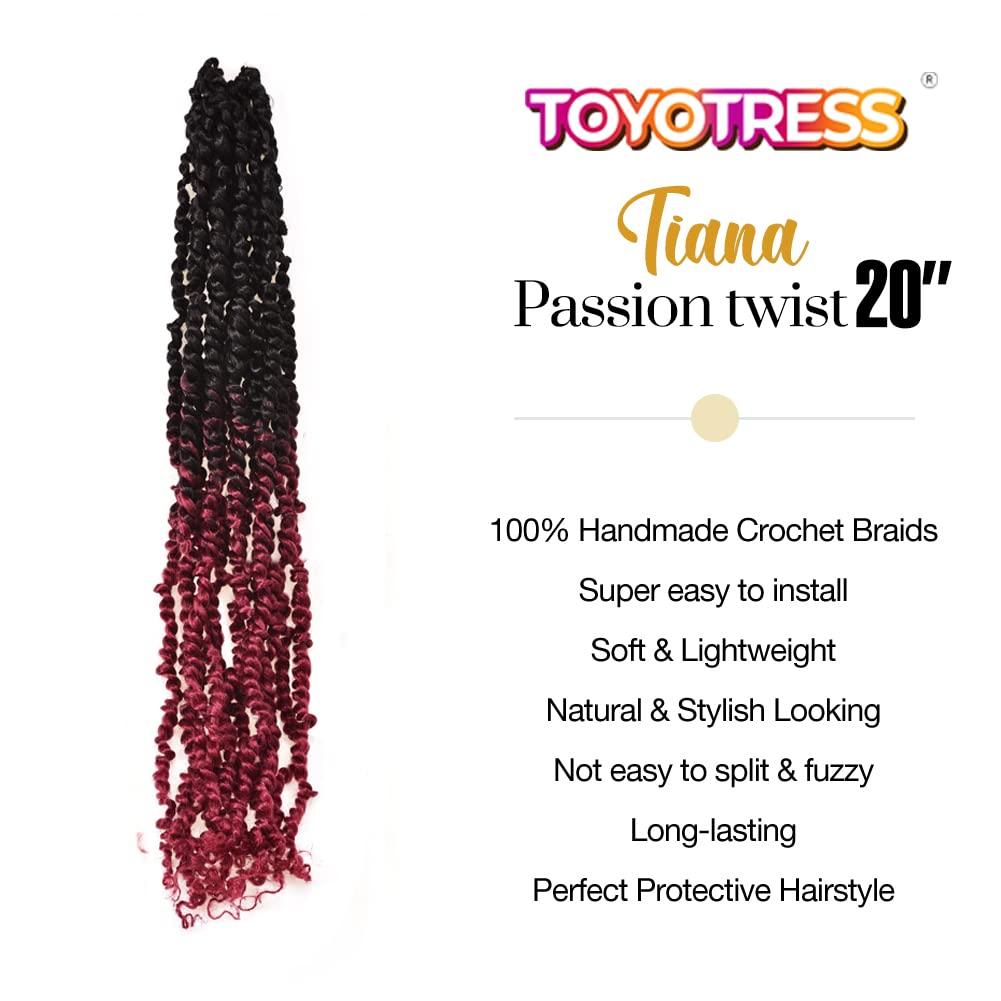 ToyoTress ToyoTress Tiana Passion Twist Hair - 20 Inch 8 Packs Ombre Burgundy Red Pre-Looped Pre-Twisted Passion Twists Crochet Braids Made Of Bohemian Hair Synthetic Braiding Hair Extension (20 Inch, OT118-8P)