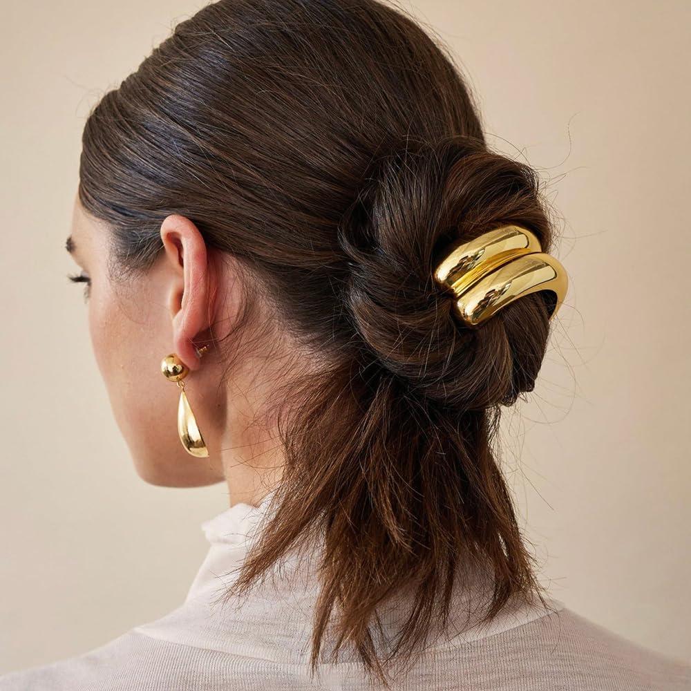 HONGJIANV Gold Hair Cuffs, Metal Hair Tie, Gold Ponytail Cuff, Gold Metal Geometric Elastic Hair Ties, Women\'S Glossy Double Arch Ponytail Hair Tie, Retro Temperament Headband (E)