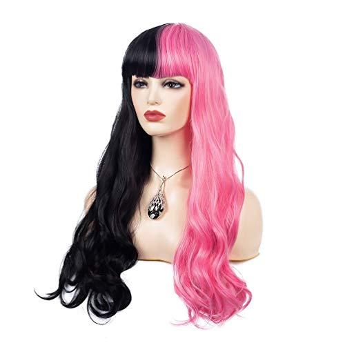Beweig Beweig Half Pink Half Black Wavy Wigs Long Curly Wavy Split Synthetic Wig with Bangs Halloween Cosplay Wigs for Women