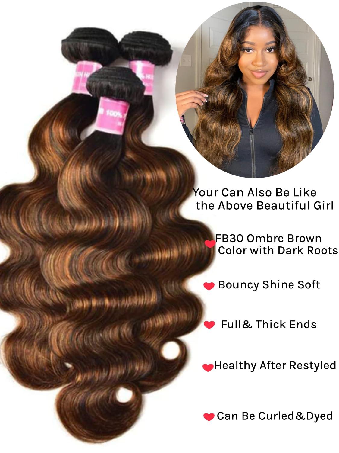 KLAIYI KLAIYI Ombre Brown Highlight Body Wave Human Hair Extensions 3 Bundles of 14 16 18Inch Balayage Honey Blonde Virgin Hair Weaves for Women Double Wefts Wavy Remy Hair with Dark Roots Sew In Piano Color