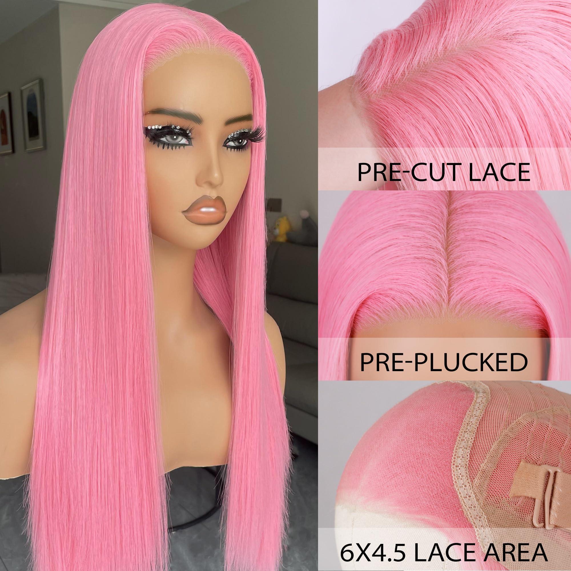 BLL BLL Pink Lace Front Wig, Synthetic Glueless Pre Plucked Pre Cut 6x4.5 Lace Easy to Wear Put on and Go 26inch Straight Wigs for Women Beginner Friendly Suitable For Daily Party Wear
