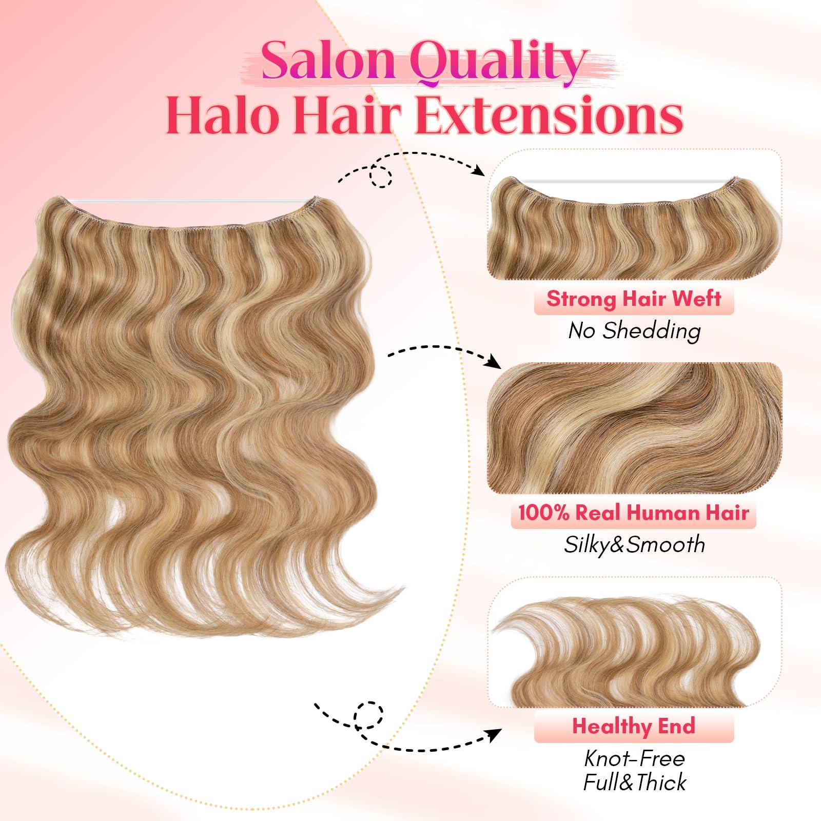 Rich Choices Rich Choices Halo Hair Extensions Real Human Hair Wave Wire In Hair Extensions Human Hair Clip in Human Remy Hair Halo Hair Extension Hair Piece 18 Inch #12P613 Golden Brown Mixed Bleach Blonde