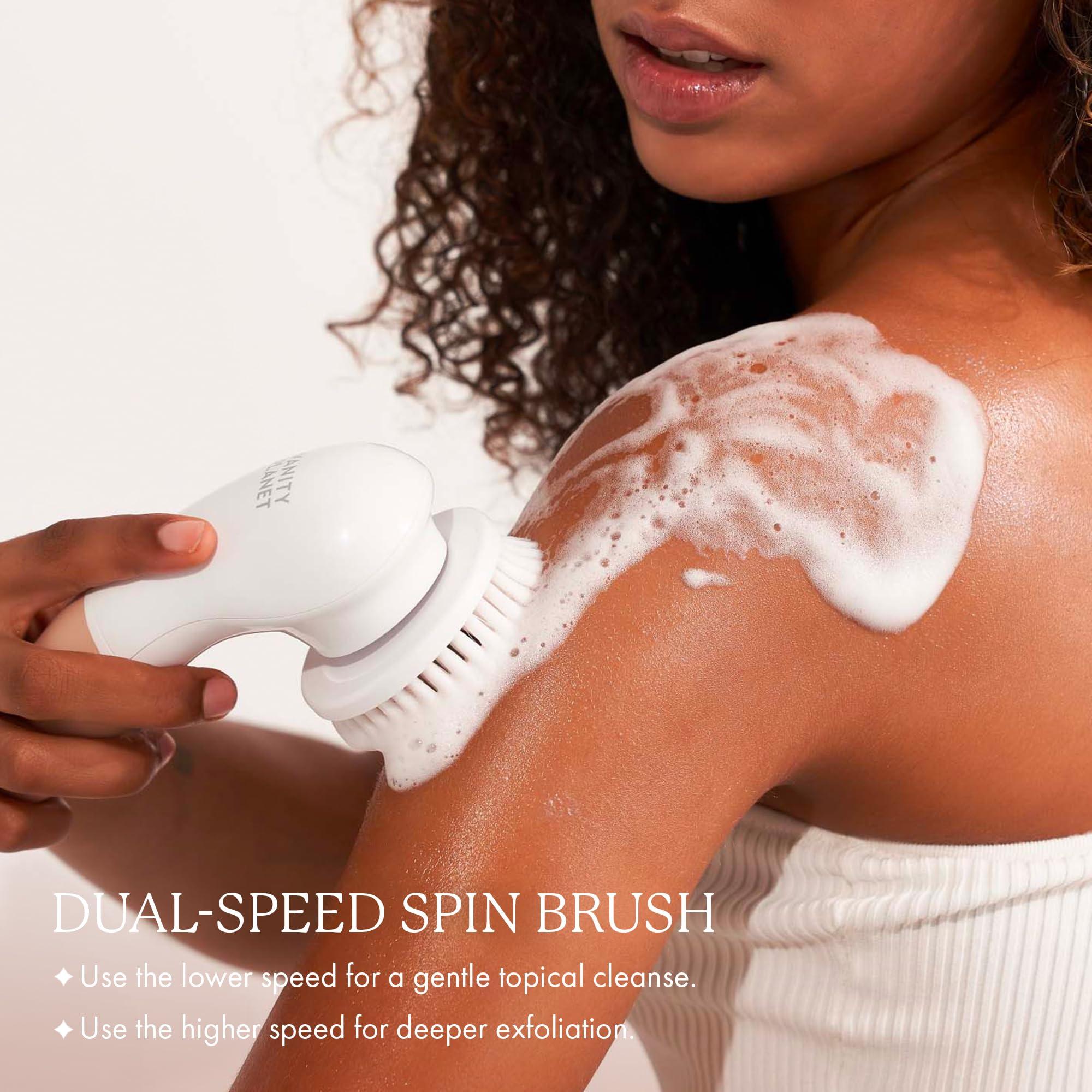 Vanity Planet Raedia Handheld Facial Cleansing Brush with 4 Interchangeable Brush Heads by Vanity Planet - Lightweight Daily Cleansing Brush for Glowing Skin - Water Resistant Face Exfoliator - Warm Grey