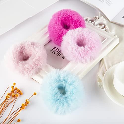 Mljsh 2 PCS Light Blue Pom Pom Hair Tie Fuzzy Scrunchies Furry Hair Bands With Faux Rabbit Fur Fluffy Elastic Hair Bobbles Ponytail Holders Girls Women Hair Accessories