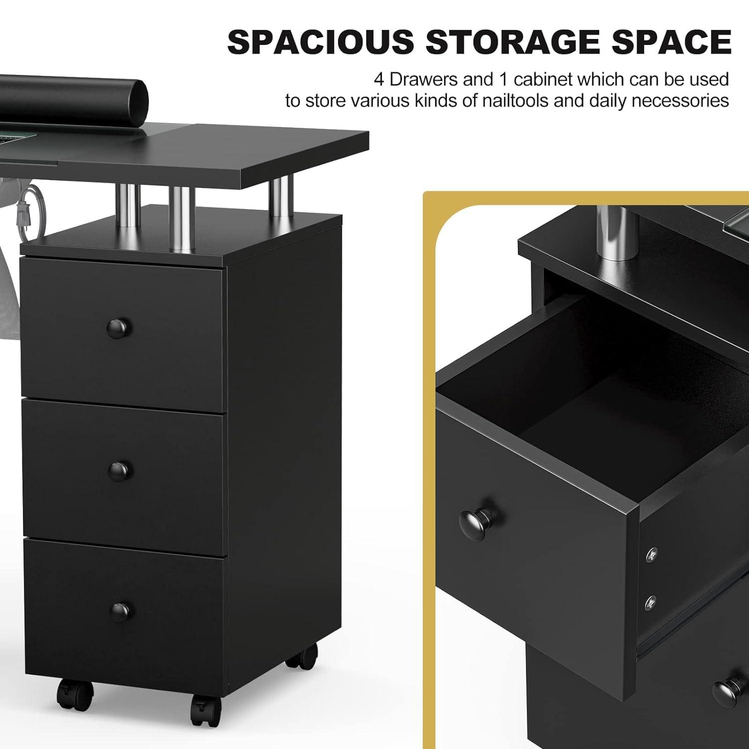 Paddie Paddie Manicure Table Set, Glass Top Nail Makeup Desk Nail Table Station with No Wheels Chair Set for Nail Tech w/Electric Downdraft Vent, Wrist Cushion, Lockable Wheels,Wooden HandlesBlack-Combo