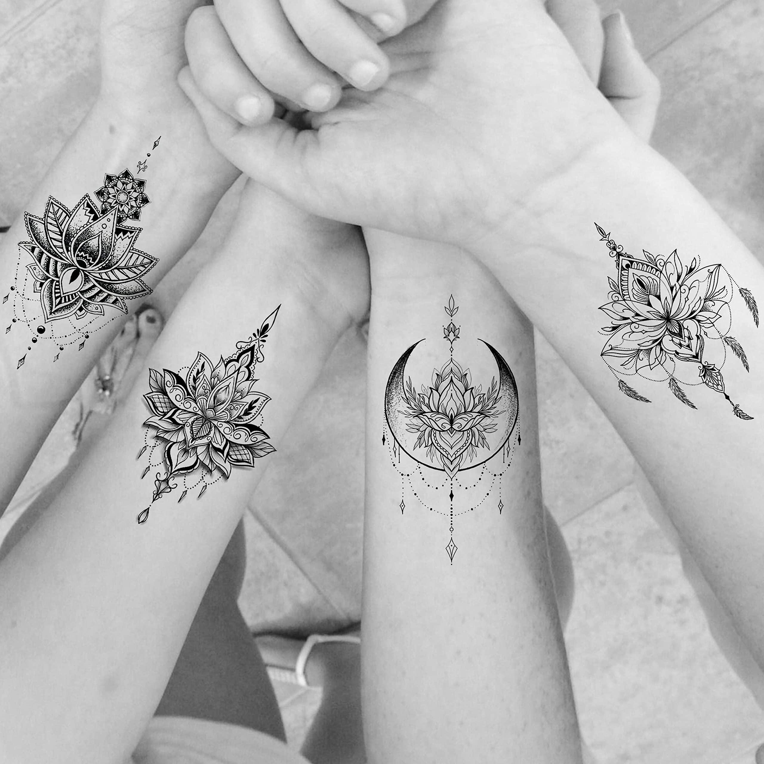 EGMBGM EGMBGM 15 Sheets Sexy Black Lotus Temporary Tattoos For Women Wedding Brides, Tribal Fake Jewelry Pendant Lace Moon Moth Flowers Temp Tattoos Temporary Sticker For Girls Arm Neck Hands Tatoos Jewels