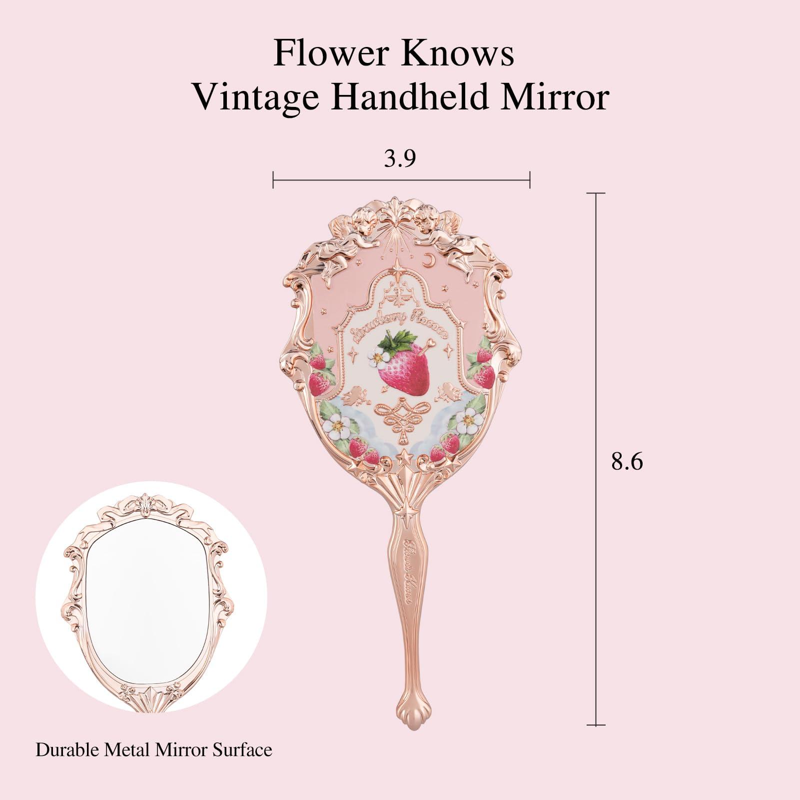 Flower Knows Flower Knows Strawberry Rococo Handheld Mirror,Portable Vintage Mirror,Durable Metal Mirror,Cute & Aesthetic Princess Mirror,with Long Handle for Easy Holding,Gift for Girls(Soft Pink)