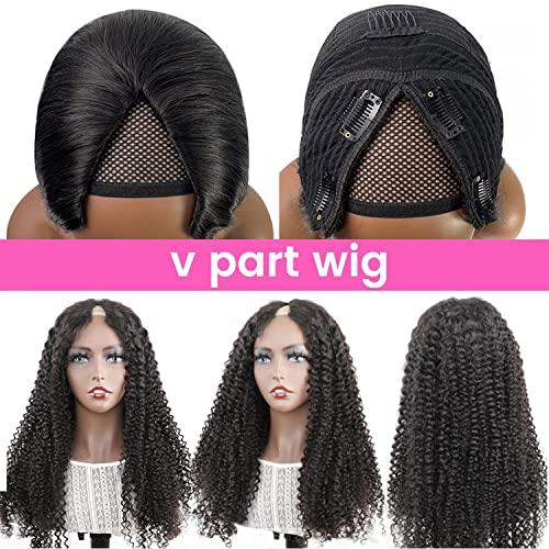 ISEE ISEE V Part Wig Human Hair Curly Minimal/No Leave Out Upgrade U Part Wig for Black Women Human Hair V Shape Wig Kinky Curly Thin Part Glueless Clip In Half Wig 180% Density Natural Color 26 Inch