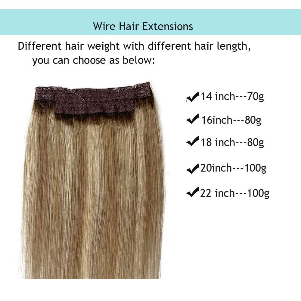 SUNFA Halos Hair Extensions, Fish Line Hair Extensions, Wire Extensions Human Hair,14Inch 70g Ombre Balayage Ash Brown to Dirty Blonde and and Platinum Blonde Highlights Straight Hairpiece Flip in Hair Extensions Clip in Extensions with Invisible Fish Line