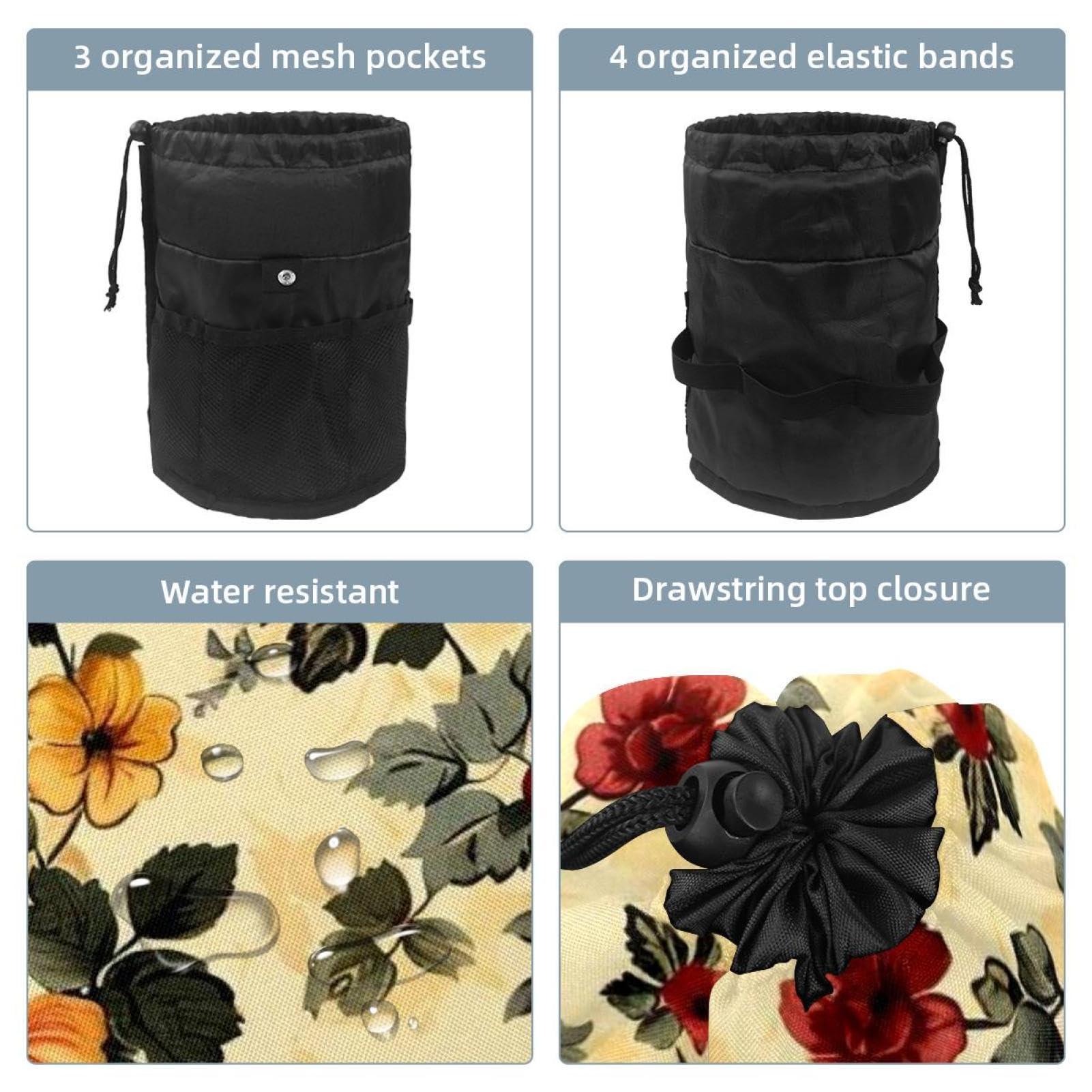 LSHDNG Drawstring Travel Cosmetic Bags Barrel Makeup Bag, Retro Small Floral Large Toiletry Organizer Waterproof for Women