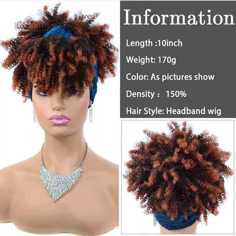 SXSZLYP Afro Headband Wig Short Afro Kinky Curly Wigs for Black Women,Natural Black Glueless Afro Wigs with Headbands Attached Afro Curly Headband Wigs Synthetic Afro Scarf Wigs,C