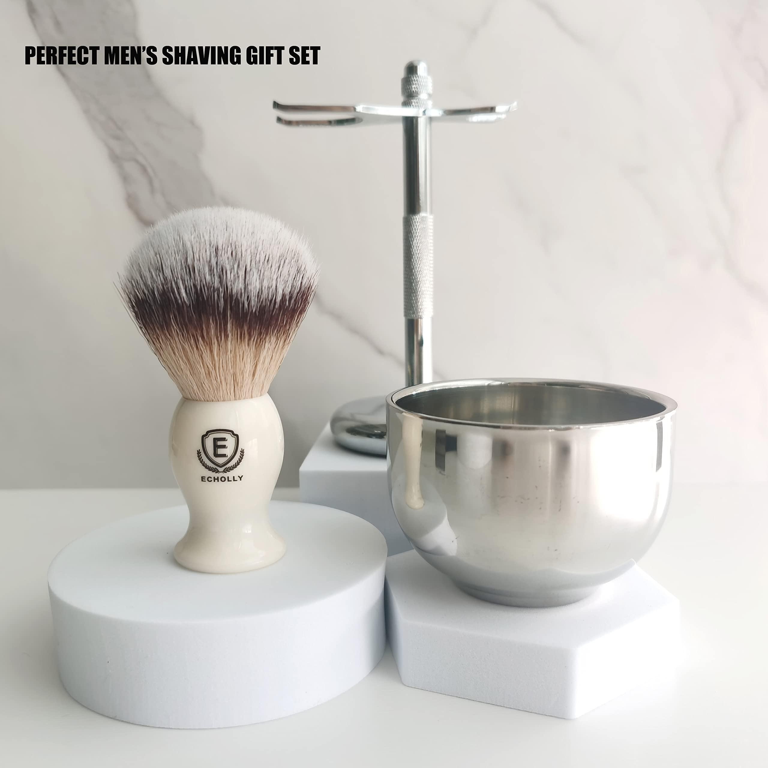 ECHOLLY 3 in1 Premium Shaving Brush Kit for Men Includes Vegan Badger Synthetic Hair Shaving Brush,Stainless Steel Shaving Soap Bowl,Heavy Safety Stand for Mens Gift (Ivory White)
