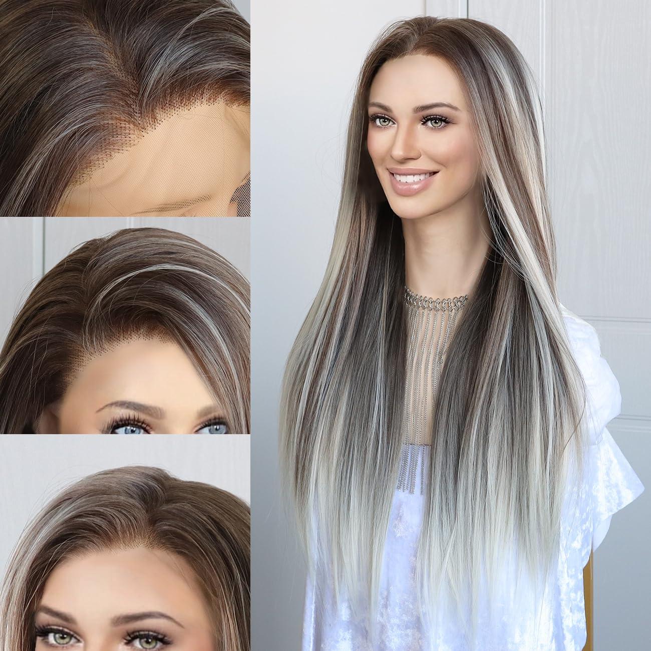 K\'ryssma K\'ryssma 13x6 Wig Highlight Ombre Brown and Platinum Blonde Synthetic Lace Front Wigs for Women with 6 Inch Deep Part Glueless Long Straight 13x6 Lace Front Wig Pre Plucked 24 Inches