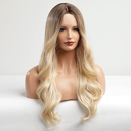 EMMOR EMMOR Long Curly Blonde Wigs for Women Middle Part Synthetic Wig Natural Looking Heat Resistant Fiber Lace Wigs 26 Inch (Creamy Blonde)