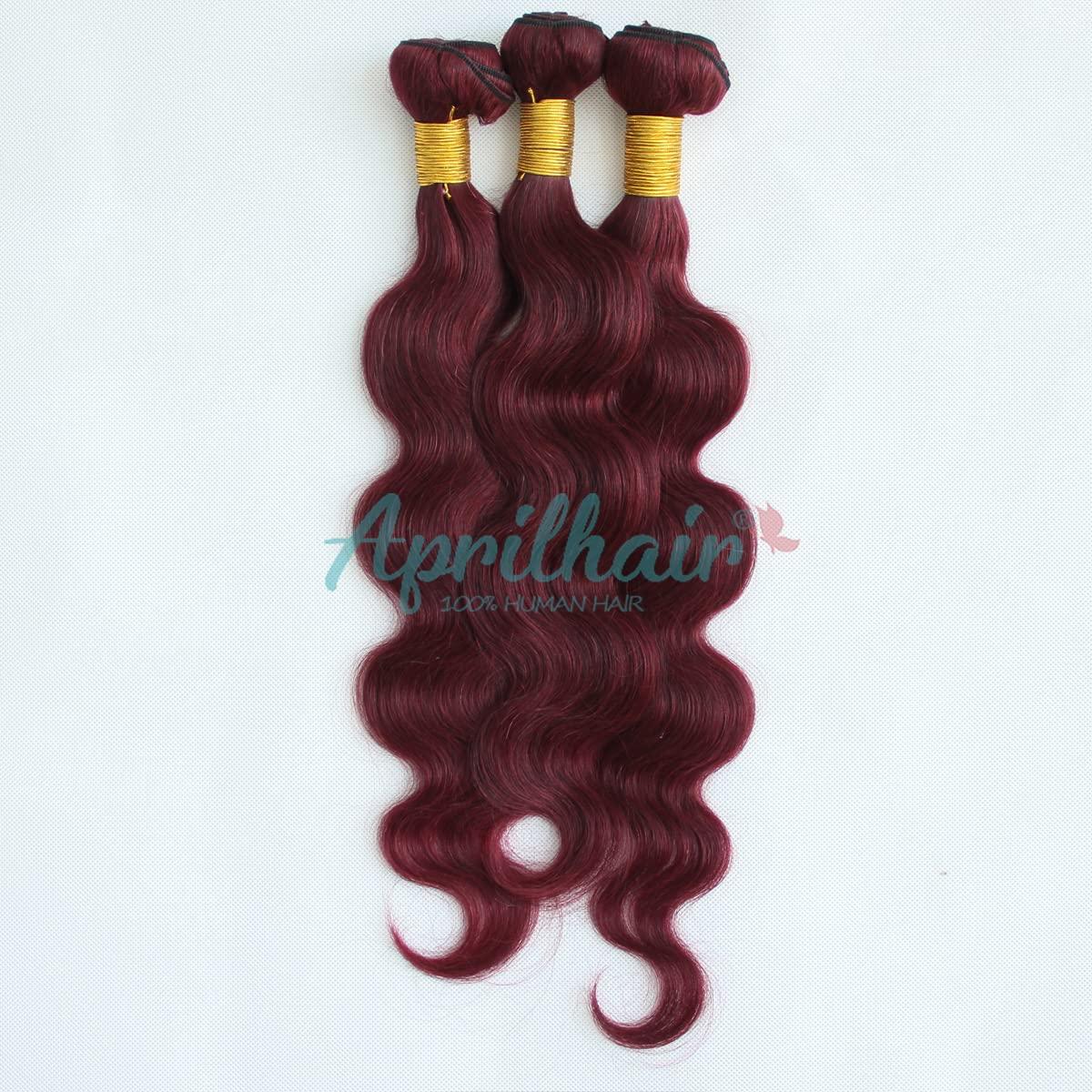Aprilhair Aprilhair 8A Machine Double Weft Raw Brazilian Virgin Human Hair Extensions Wine Red #99J Body Wave 3 Bundles (14'' 16'' 18'', 99J bundles)