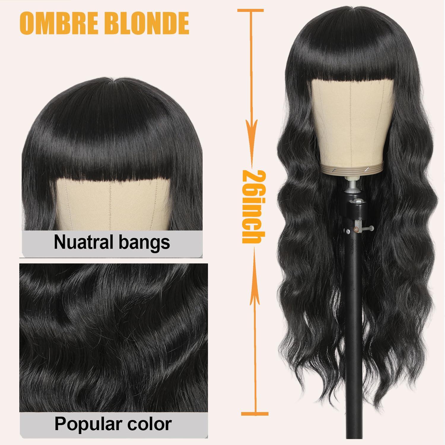 punhurt punhurt Black Wig with Bangs 26inch Long Black Wig Wavy Wig for Women Synthetic Wig Curly Natural Black Wigs for White Women Girls Wig with Bangs