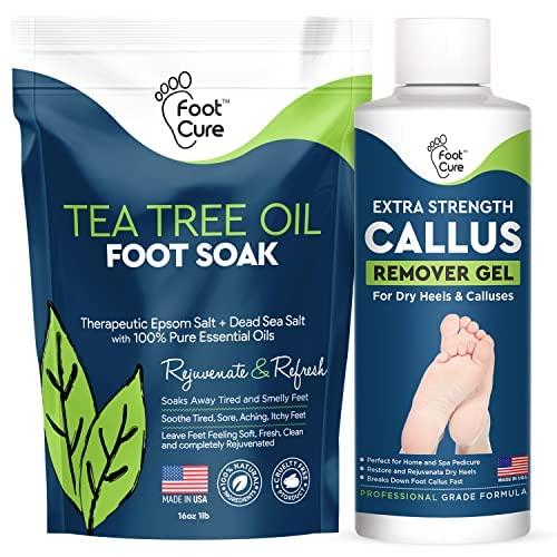 FOOT CURE Tea Tree Oil & Soothing Lavender Foot Soak with Epsom Salt Callus Remover for Feet with Extra Strength Gel & Foot Pumice Stone Set