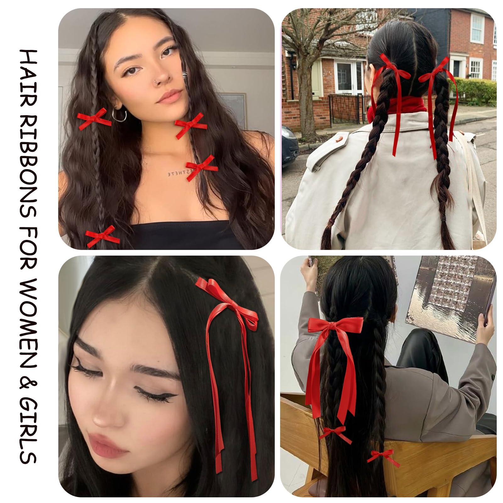 TOKUFAGU 20PCS Red Hair Bows for Women, Hair Ribbons for Girls Hair, 12PCS Long Tassel Bowknot Ponytail Holder and 8PCS Short Tail Hair Clips, Solid Silky Hair Barrettes Satin Hair Accessories