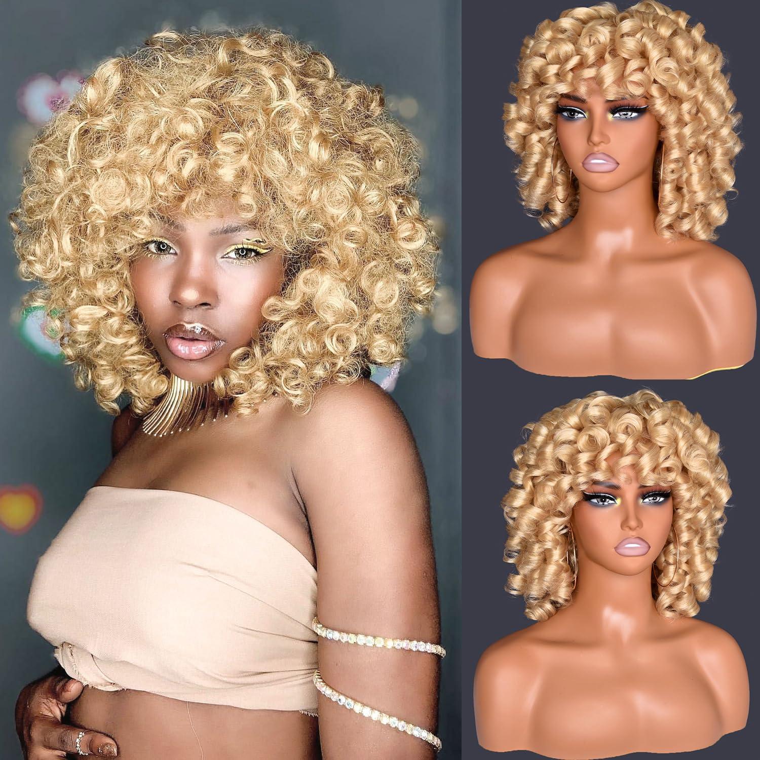 CurlCOO CurlCOO Blonde Curly Wigs for Black Women Short Curly Wig with Bangs Soft Big Loose Cute Afro Kinky Curly Hair 14 Inch Synthetic Wig for Black Women(Blonde)