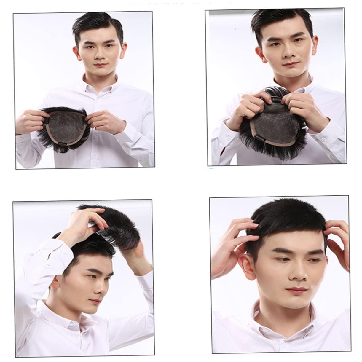 SOLUSTRE SOLUSTRE Mens Wig Short Hair Mens Hair Replacement Wigs Men Black Wig Male Bald Patch Overhead Replacement Wigs Black
