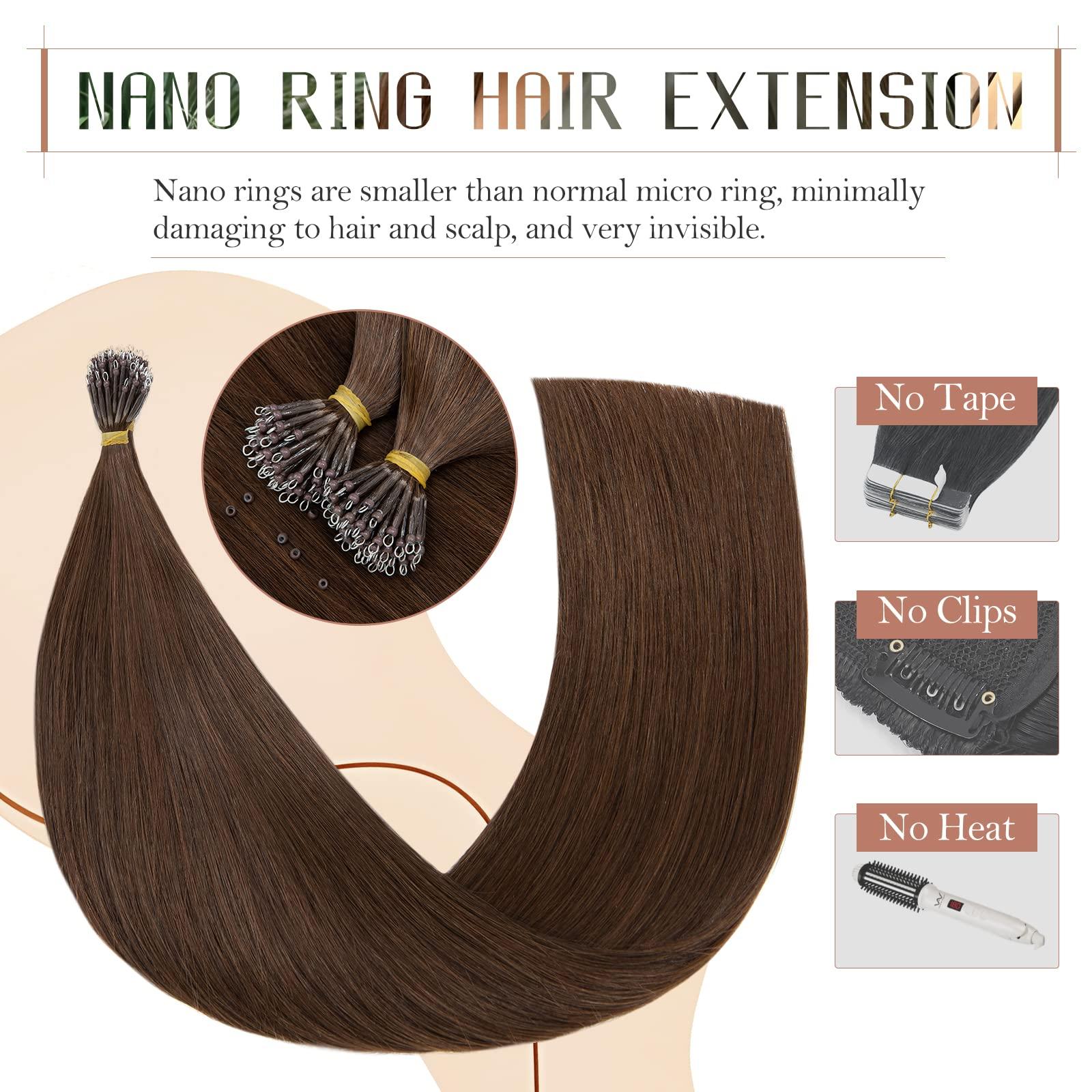 TESSHAIR Nano Bead Hair Extensions Human Hair 20 Inch Nano Ring Hair Extension 100% Real Human Hair, Natural Can be Washed Curled Dyed Permed, 50 Strands 50g #04 Medium Brown