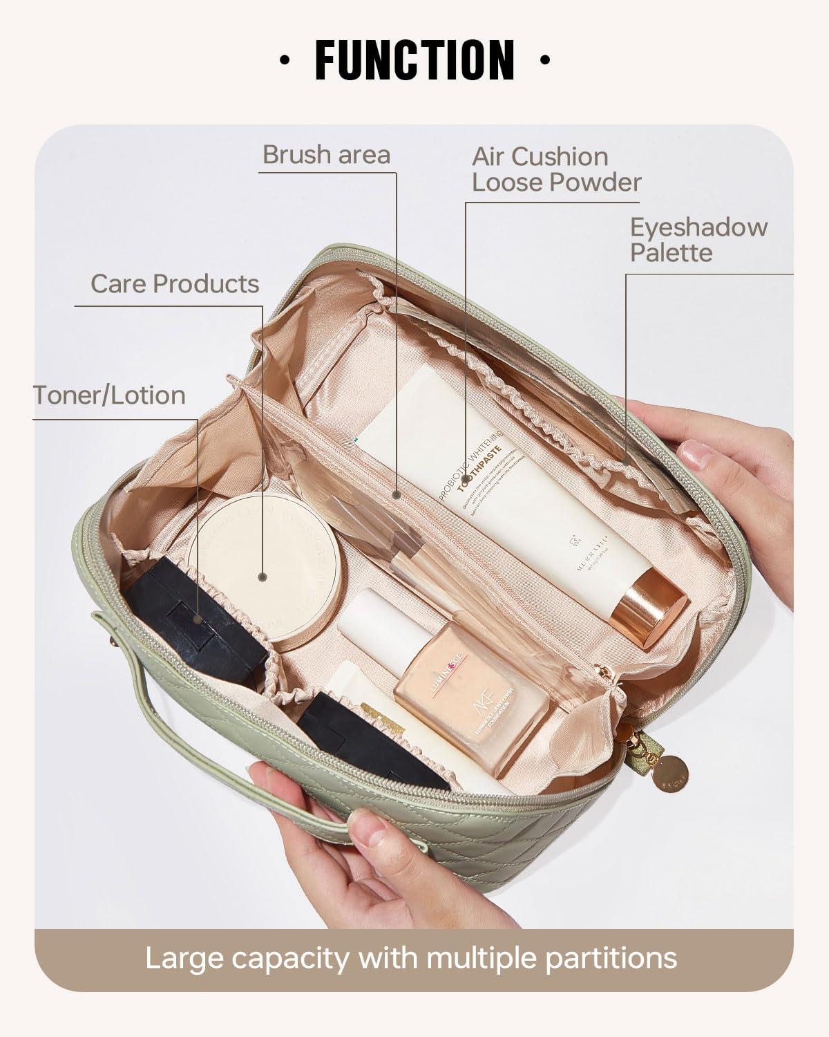 EACHY EACHY Travel Makeup Bag, Large Capacity Cosmetic Bags for Women, Waterproof Portable Open Flat Toiletry Bag Make up Bag with Divider and Handle, Gifts for Women (F-Green, Medium)