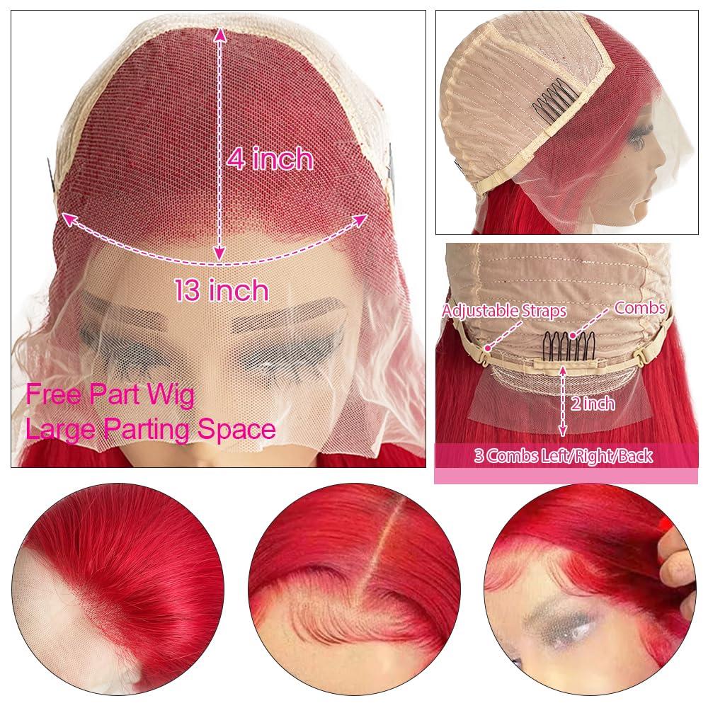 Benafee Red Lace Front Wigs Human Hair 24 Inch 13x4 Colored Red Human Hair Wig 13x4 HD Transparent Lace Frontal Wigs Human Hair Long 180% Density Glueless Wigs Remy Human Hair Straight Red Wig Human Hair