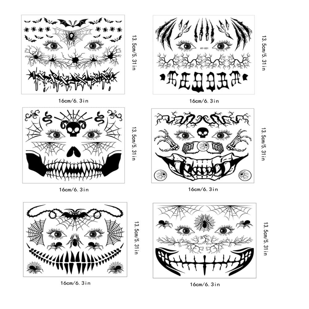 Doneace 10 Sheets Halloween Glow In The Dark Tattoos Face Luminous Temporary Tattoo Waterproof Last Long Glitter Tattoos Stickers Scary Zombie Makeup Kit For Kids Women Girls Boys Adults Party Supplies