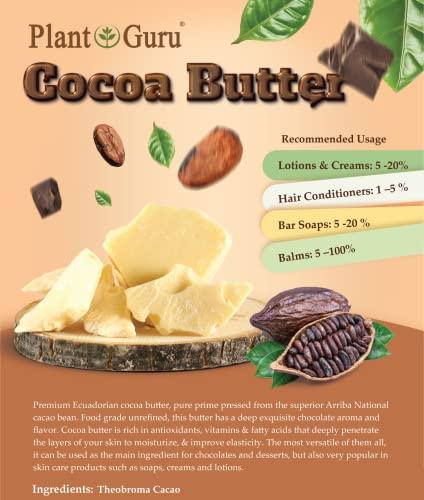 Plant Guru Raw Cocoa Butter 1 lb. Bar - 100% Pure Natural Unrefined FOOD GRADE Arriba Nacional Cacao Bean, Great For Chocolate Making, Soap, Lip Balm and Moisturizer For DIY Body Butters