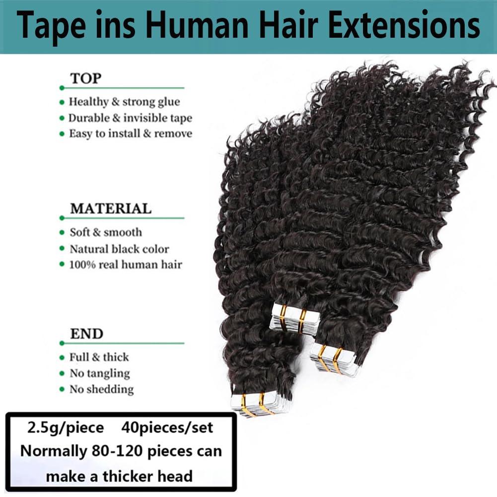Kiss darling LASHES 14inch Tape in Hair Extensions Natural Black Jerry Curly Human Hair Extensions PU Skin Weft Adhesive Tape ins for Women 100g/40pcs Full Head Natural Black 1b