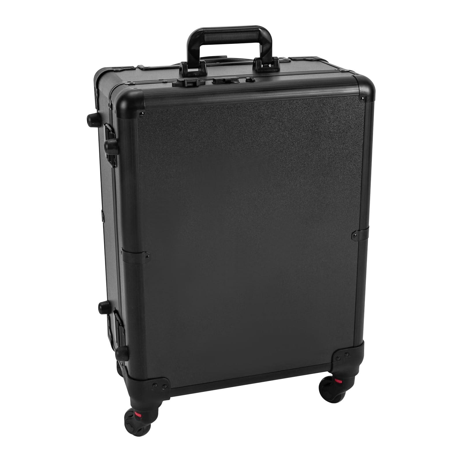 Blisiour Aluminum Trolley Makeup Train Case with 8 Led Light & Stands Rolling Cosmetic Organizer Studio with Mirror & Removable Universal Wheels & Main Case and 4 Compartments (Black)