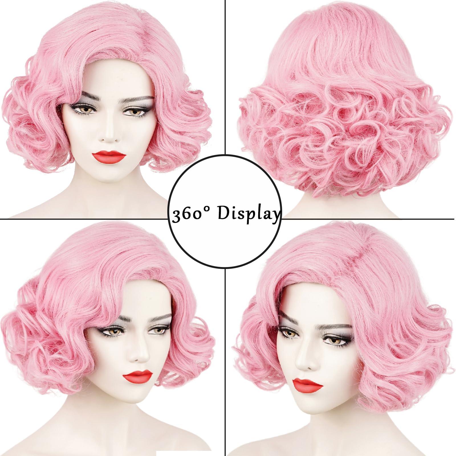 Wiggy Mermaid Short Pink Curly 1920s Wig for Women Adult, 50s Frenchie Wig Pink Bob Finger Wave Wig for Pink Ladies,Roaring Flapper Synthetic Hair Wig + Wig Cap for Halloween Costume Party Cosplay